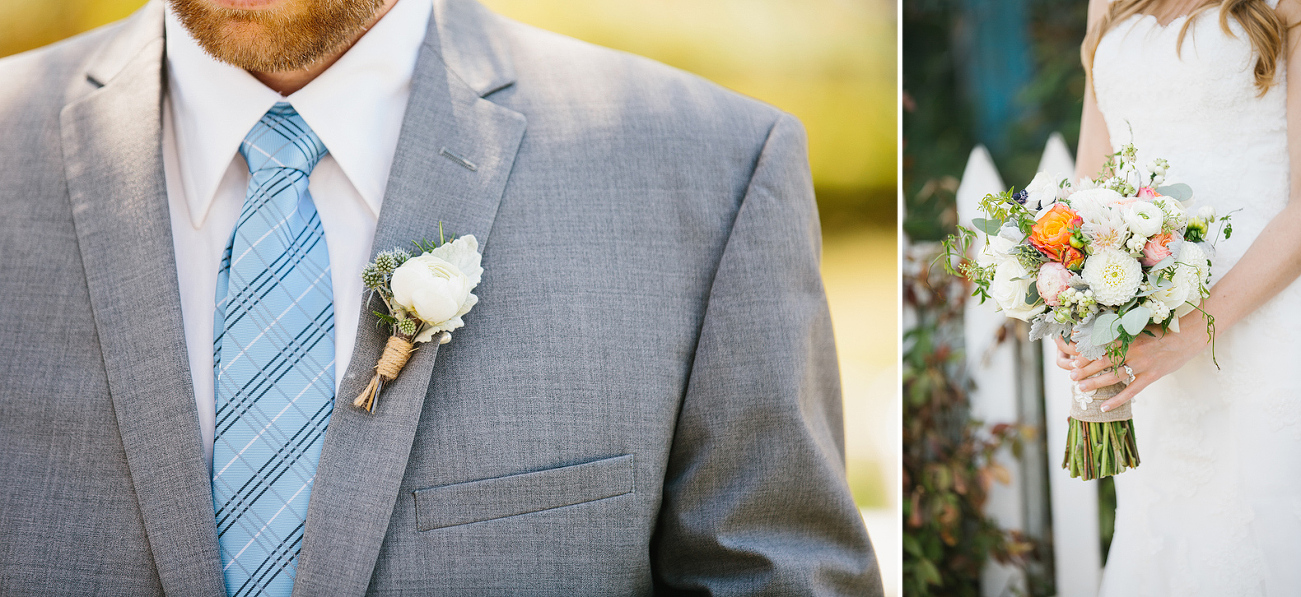 Detail photos of the bride and groom flowers. 