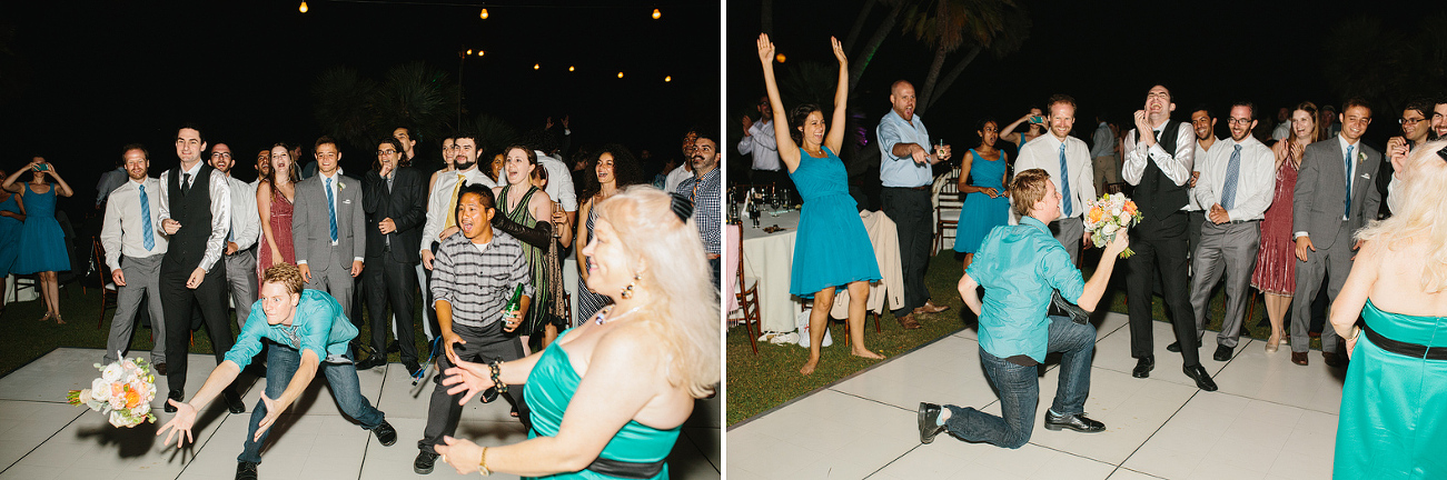 A guest catching the bouquet. 