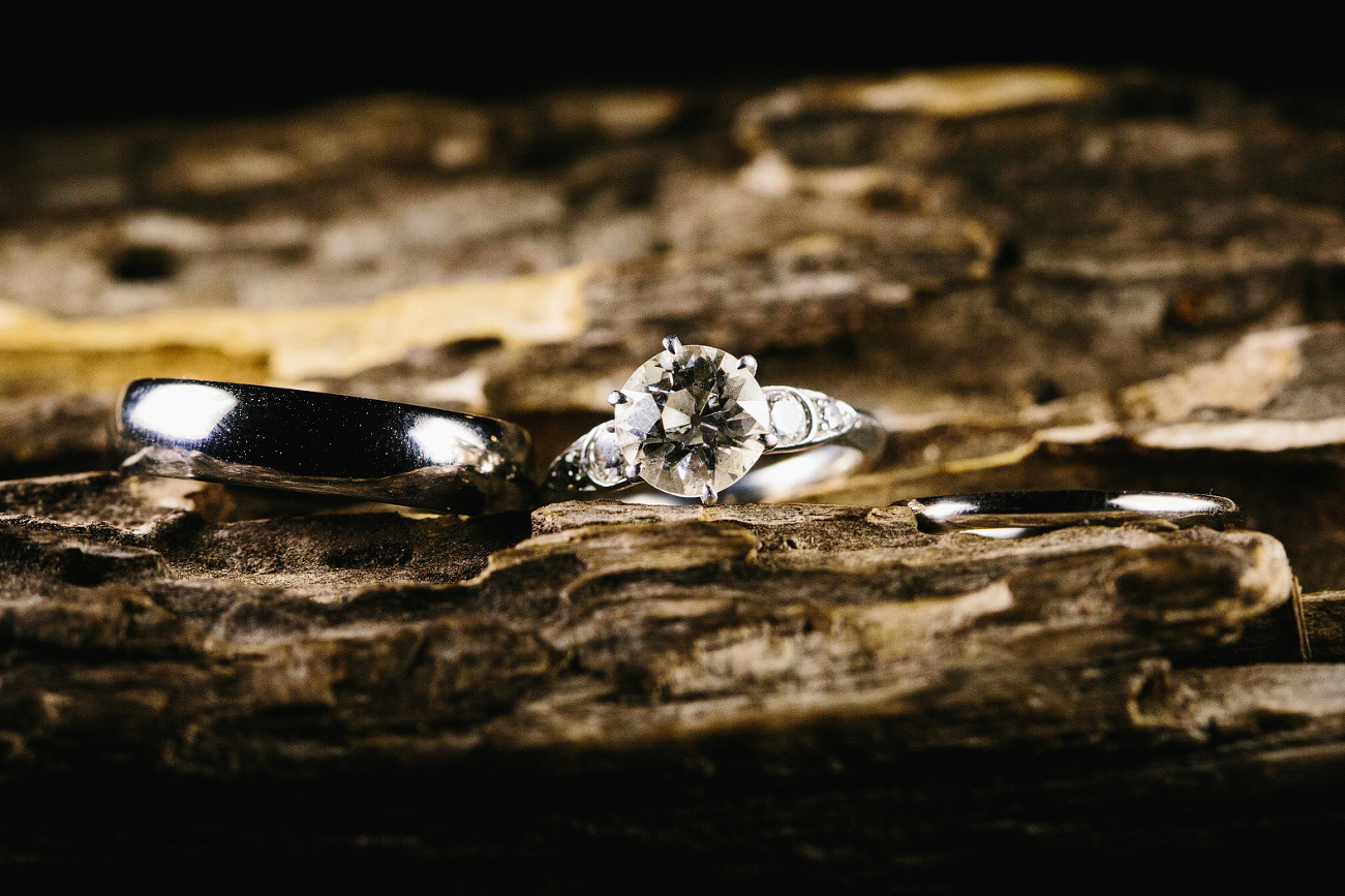 The wedding rings on a piece of wood. 