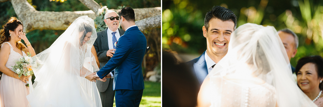 The bride and groom laughing. 