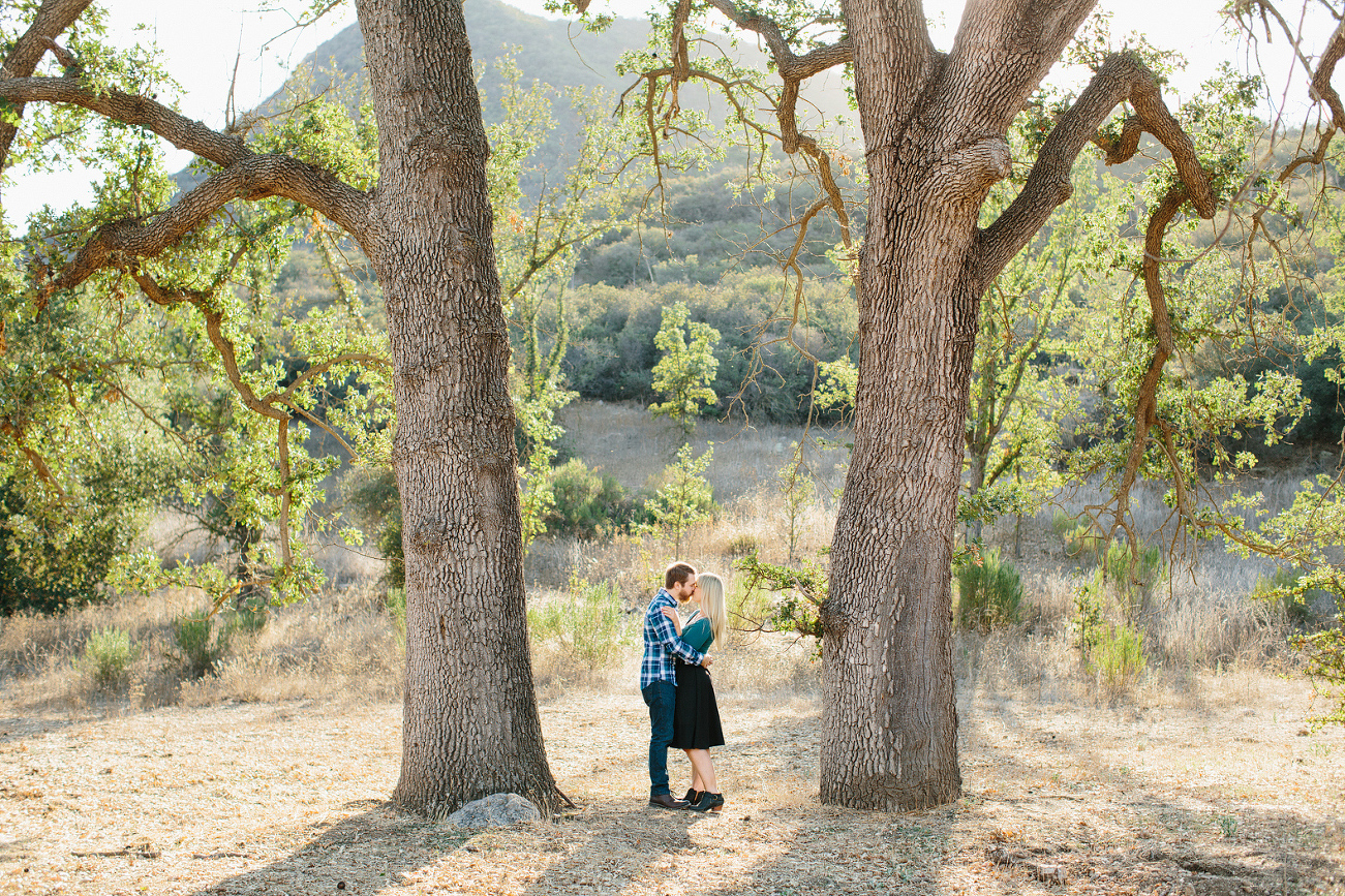 Th couple standing between two large trees. 