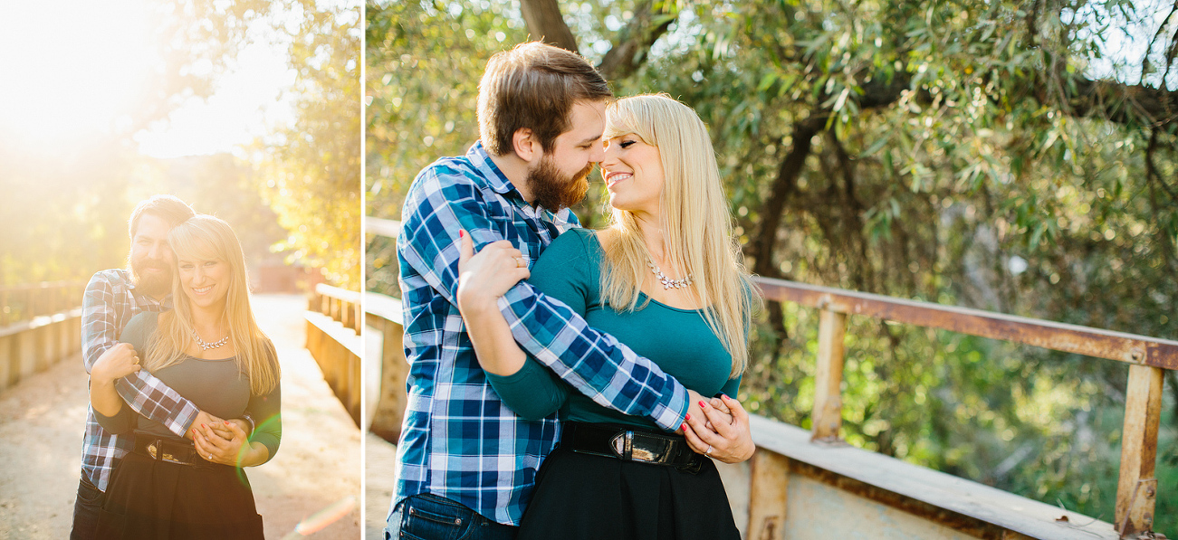 Cute photos of the couple on a metal bridge. 