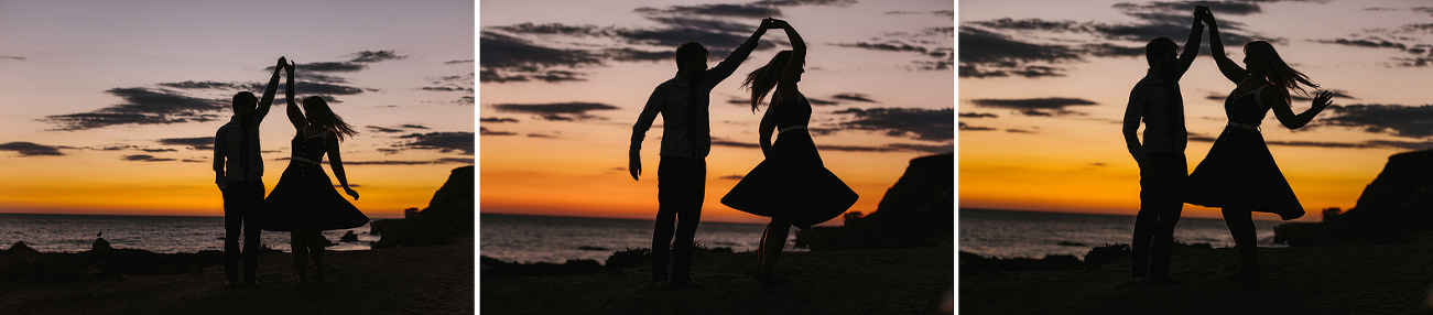 The couple dancing at the beach at sunset. 