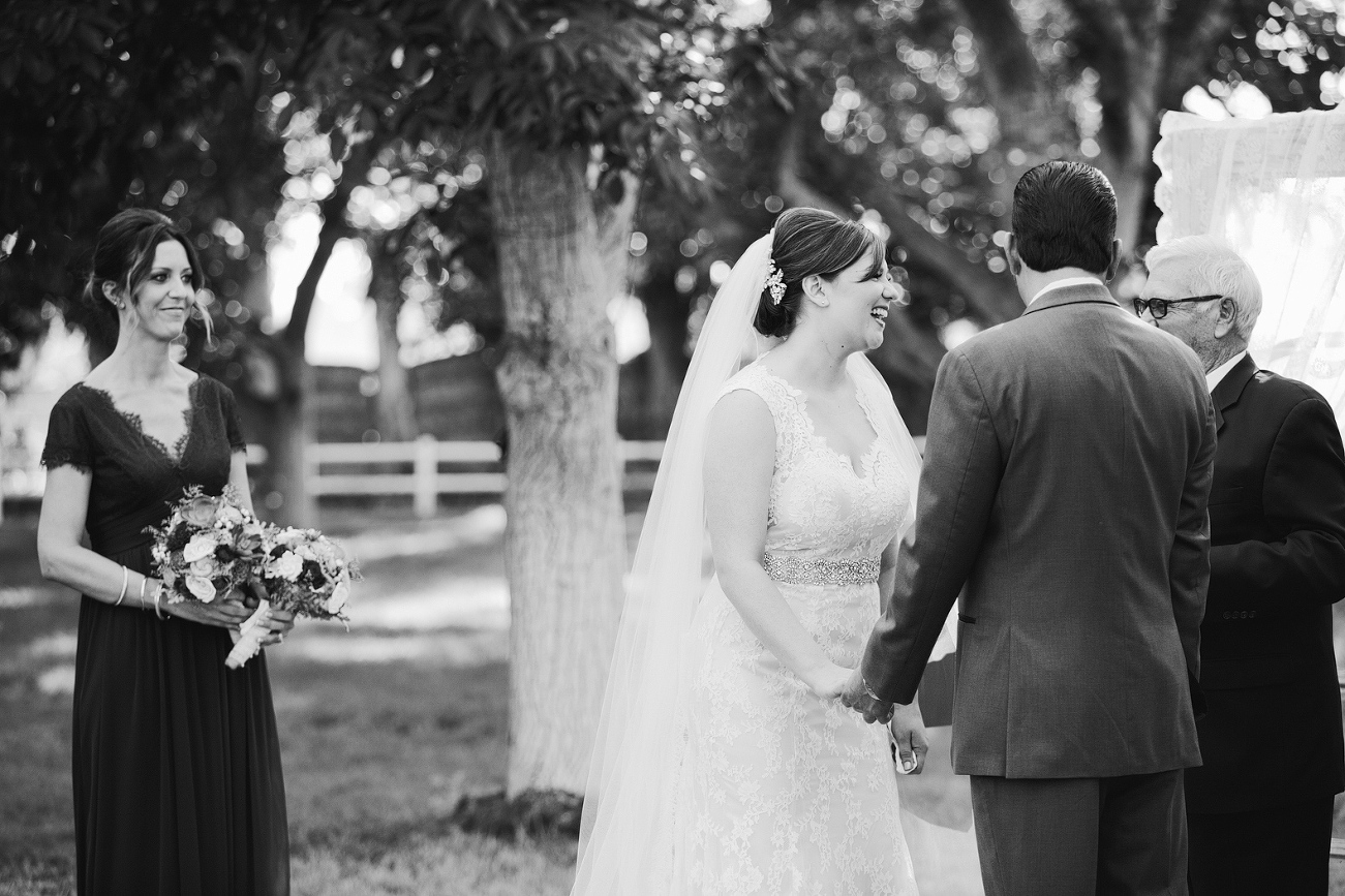 The bride laughing. 