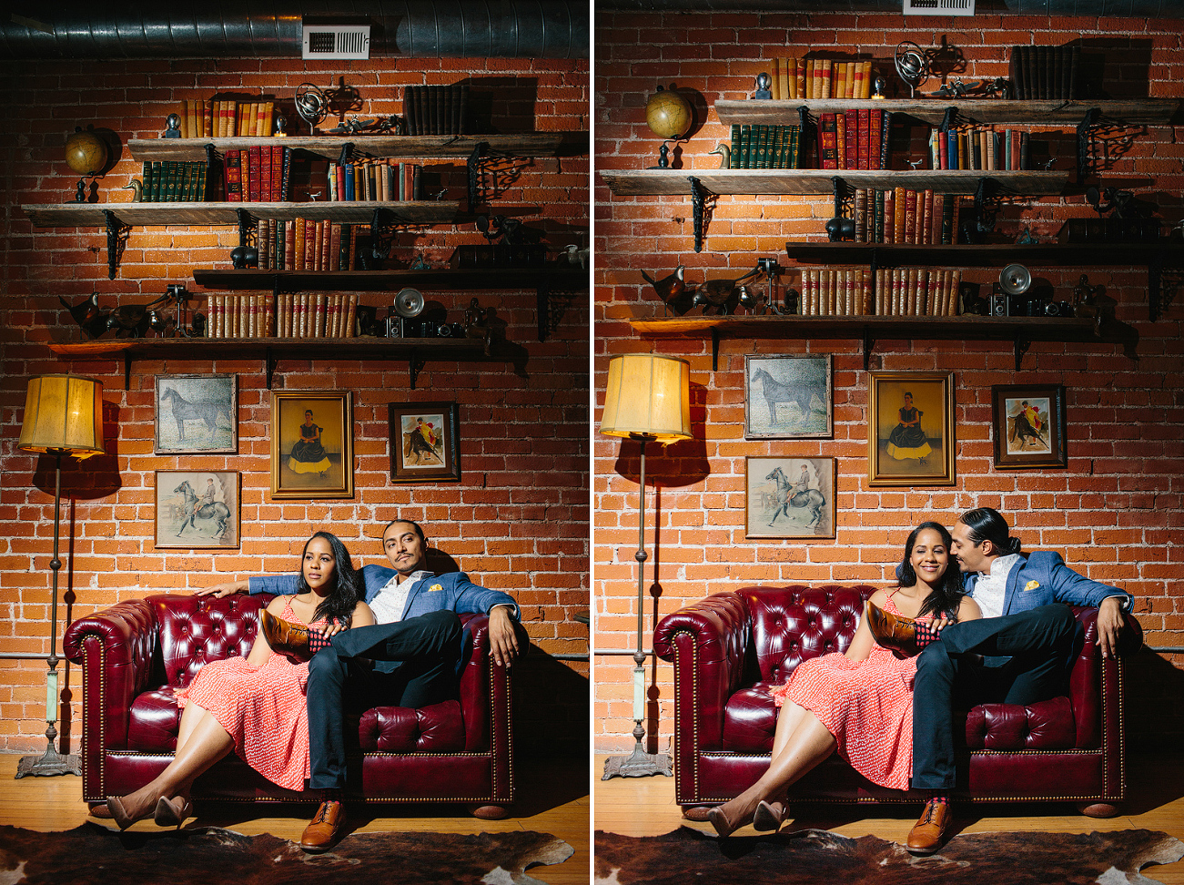 The couple sitting on a red leather couch. 