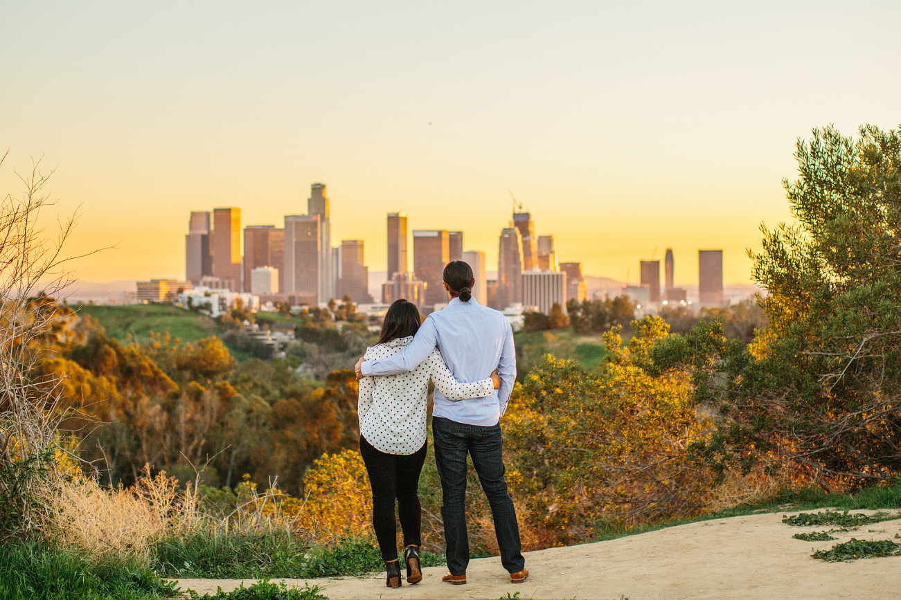 The city skyline at sunset. 