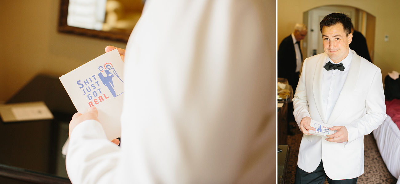 The groom opening his card from Andrea. 