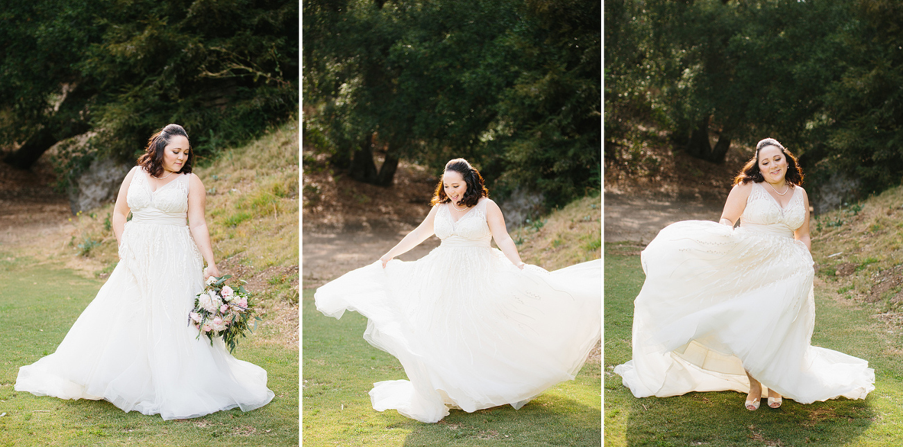 The bride spinning in her dress. 