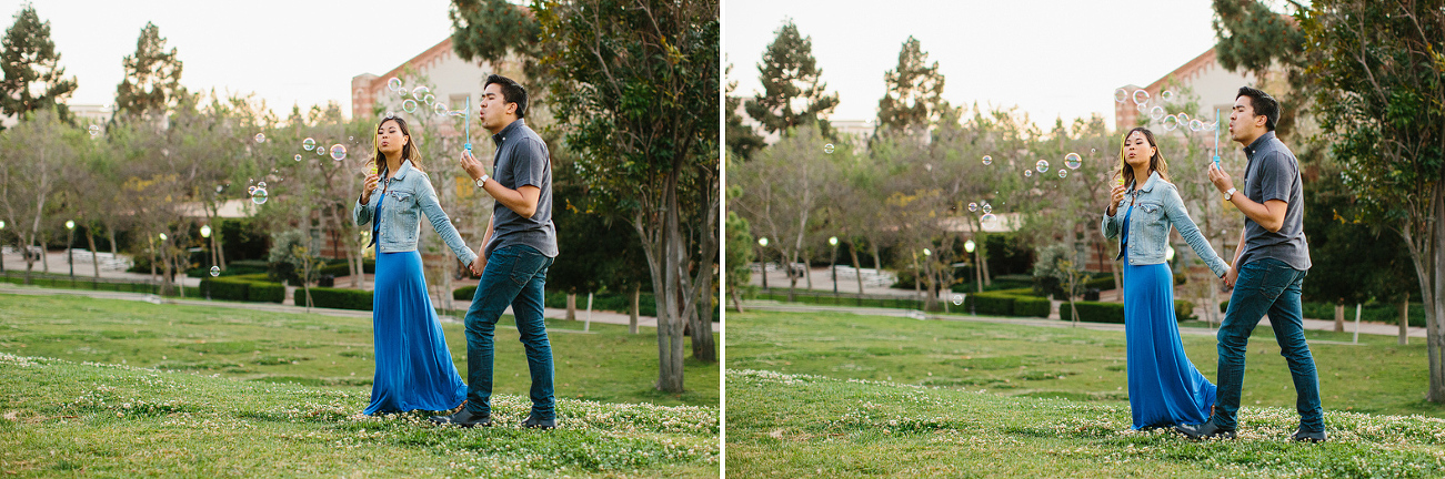 The couple walking and blowing bubbles. 