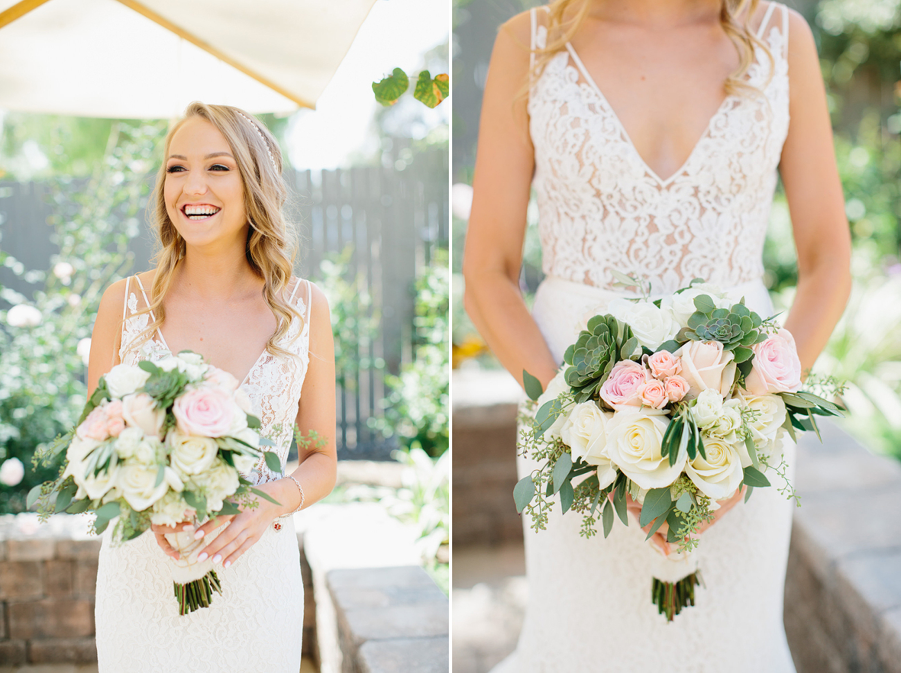 Happy smiling bride on her wedding day with flowers