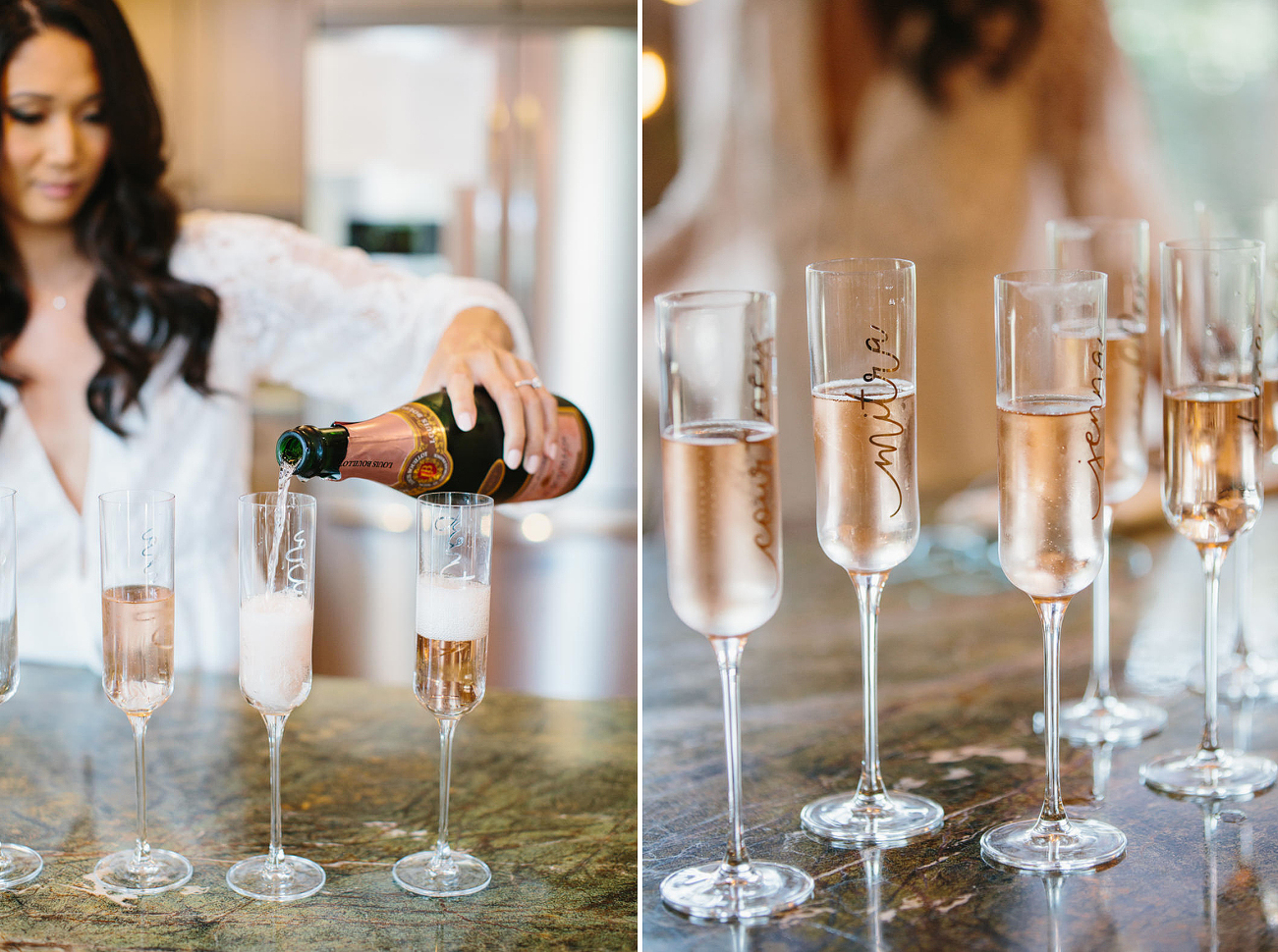 bride pouring sparkling rose for her bridesmaids close up