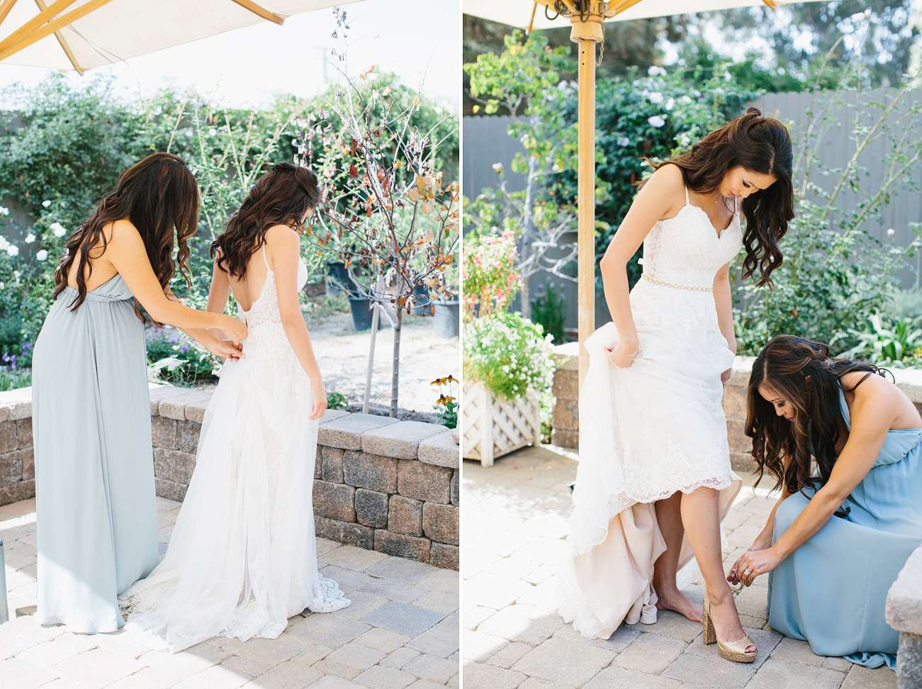 bride getting dressed and into shoes