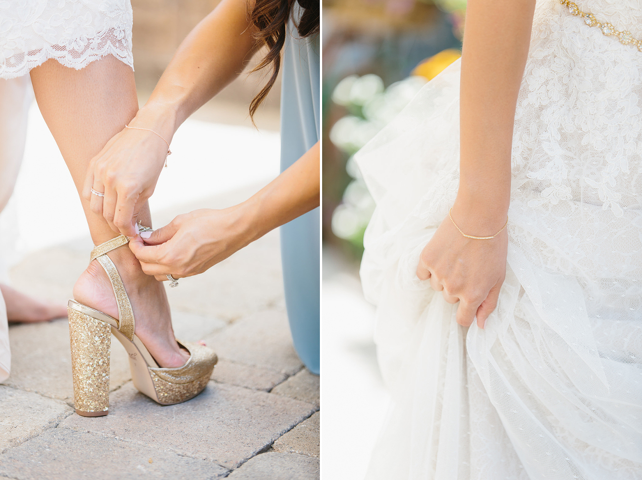 close up of brides shoes as she puts them on