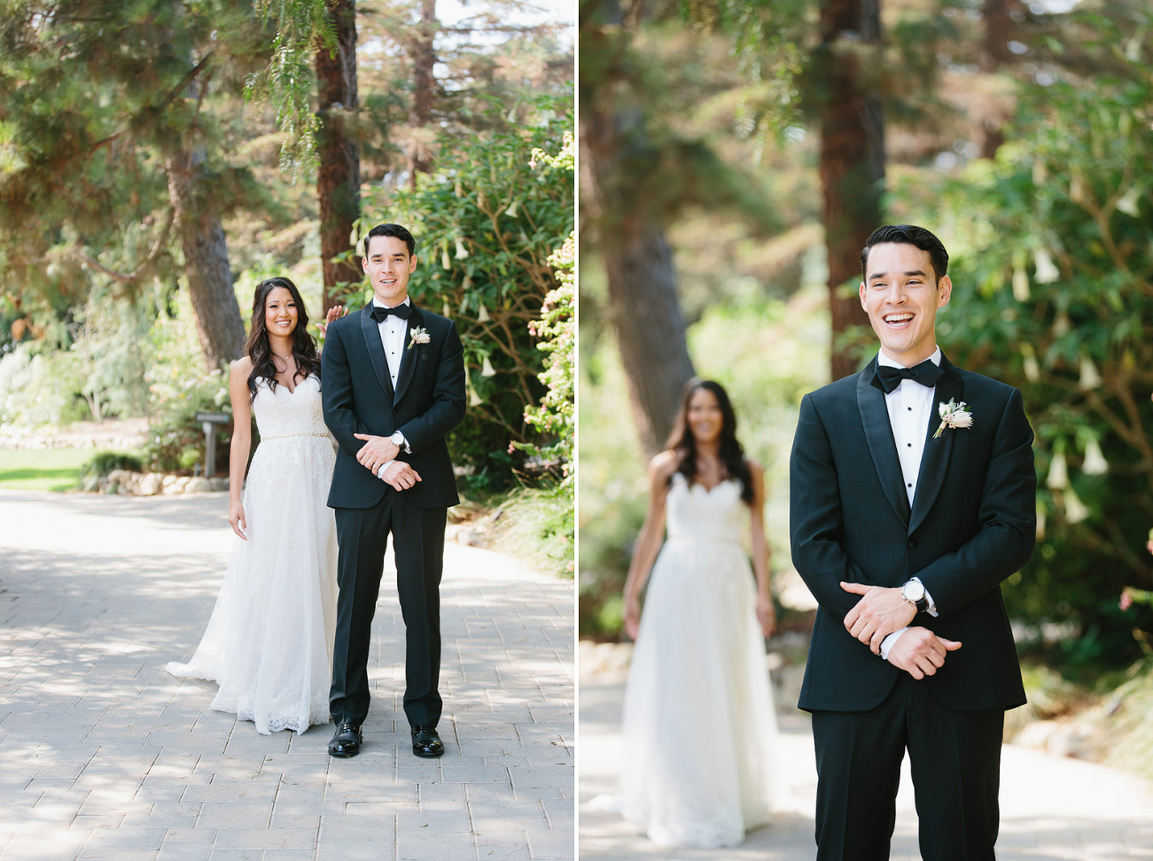 First look between dana and ryan on their wedding day on a garden pathway