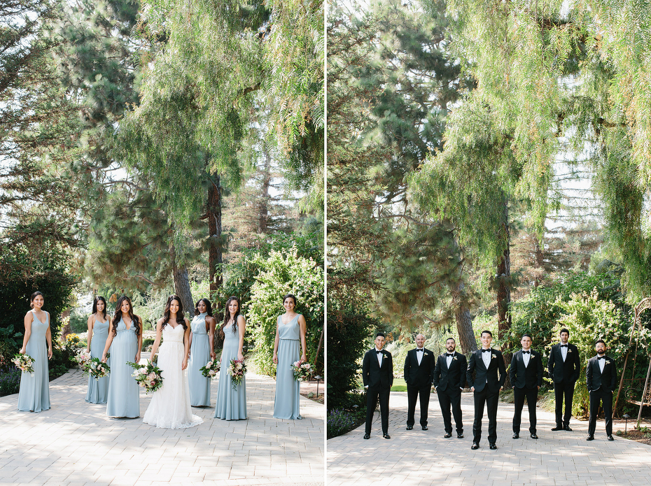 Two photos - bridesmaids with the bride and groomsmen with the groom. Blue dresses and black tuxes