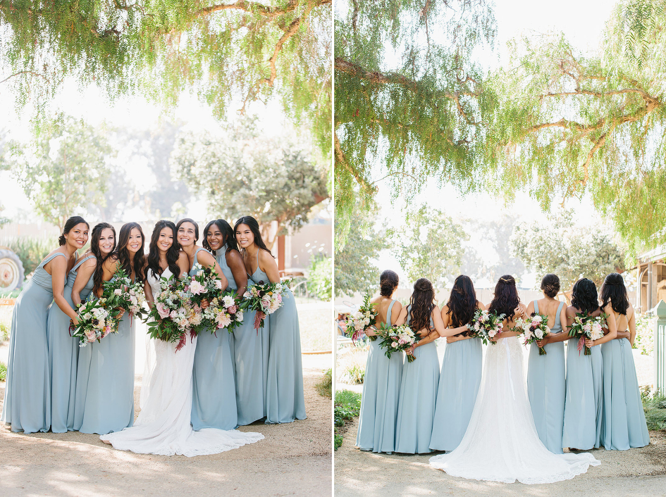 Bridesmaids with the bride in beautiful blue teal dresses - two photos