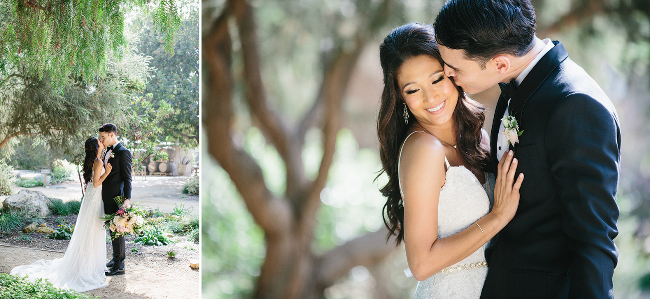 Groom kissing his bride on the cheek in a garden