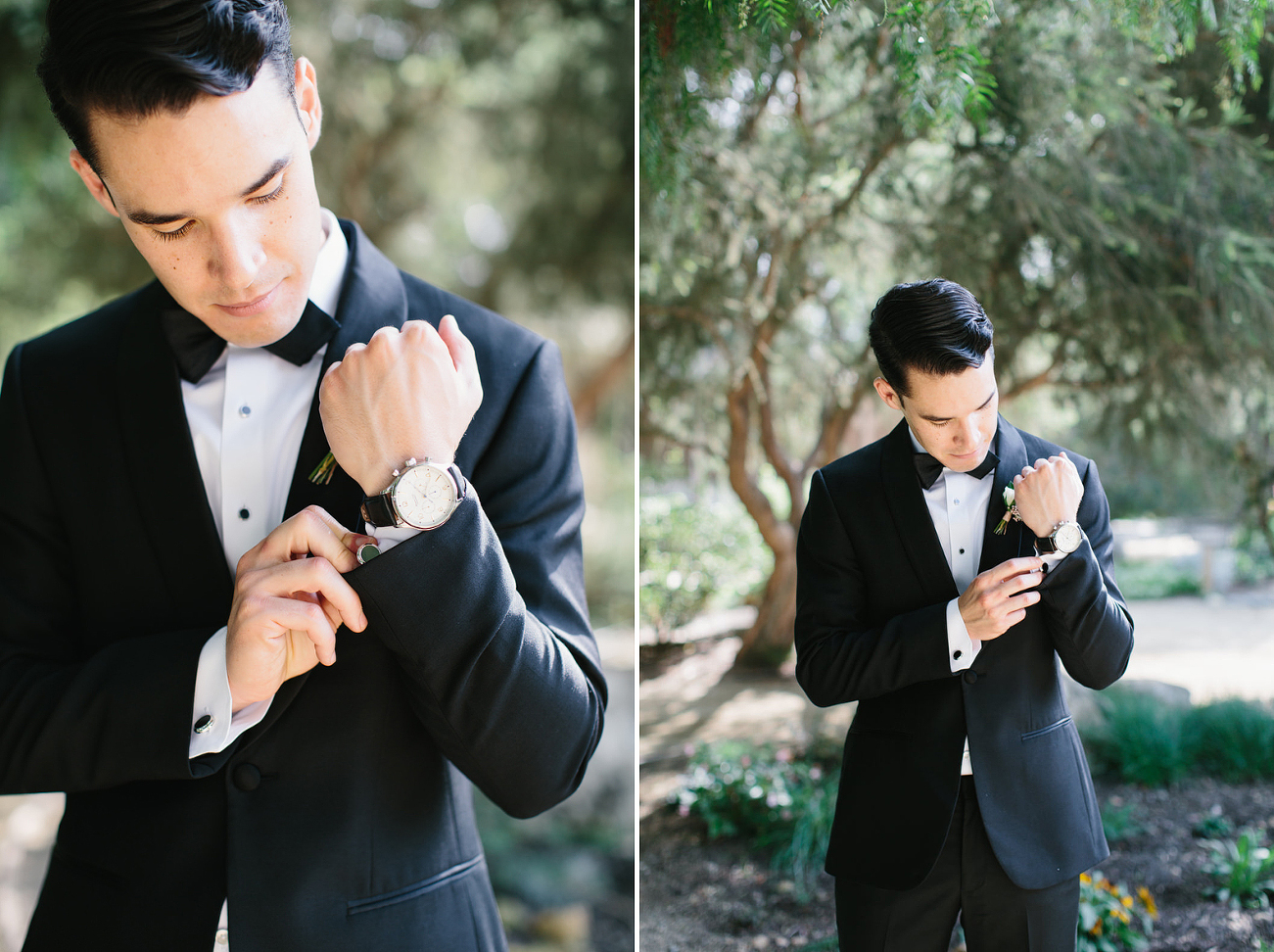 Groom adjusting his cuffs and his watch on wedding day. Black tux