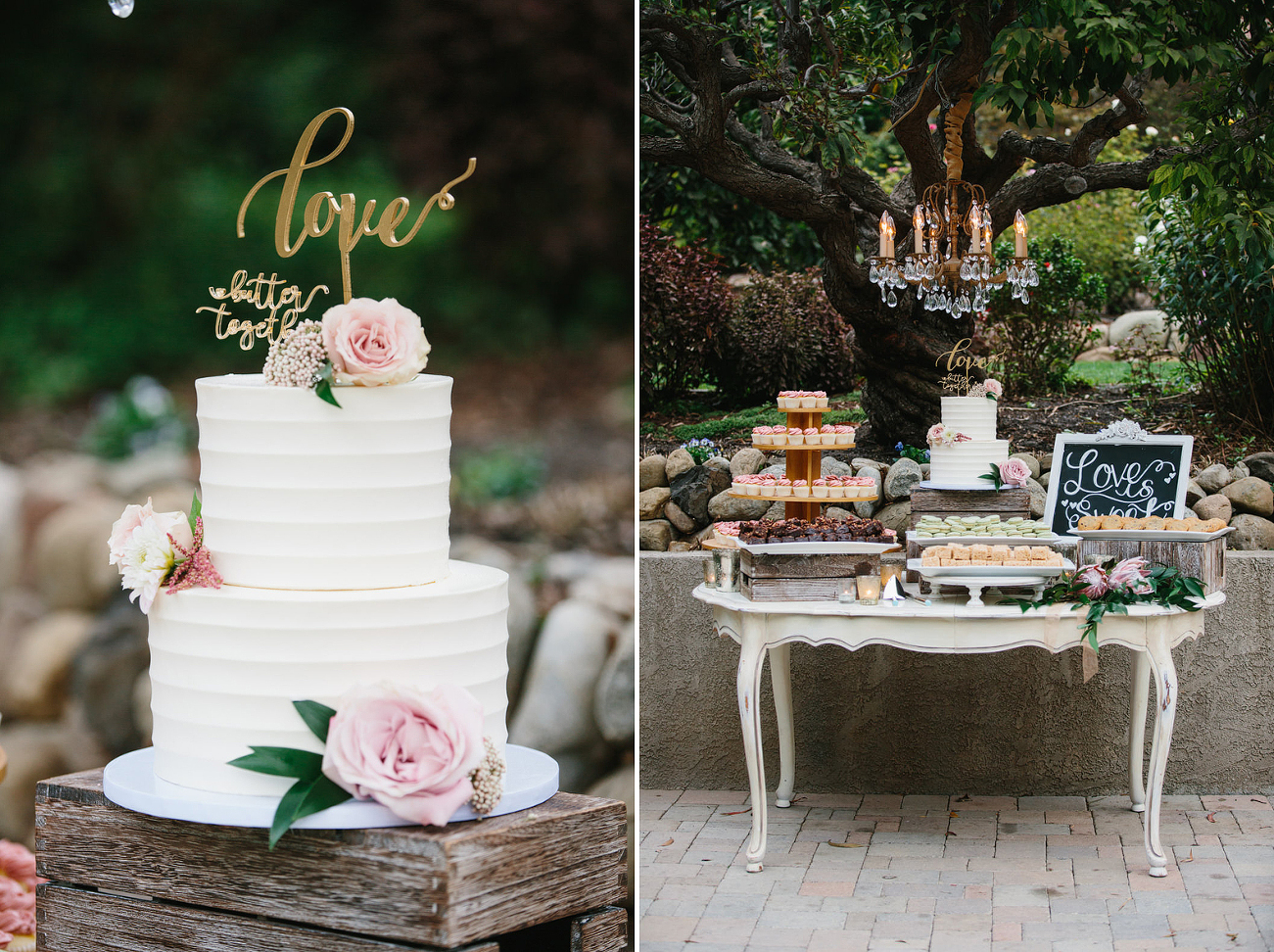 close up details of their wedding cake and dessert table
