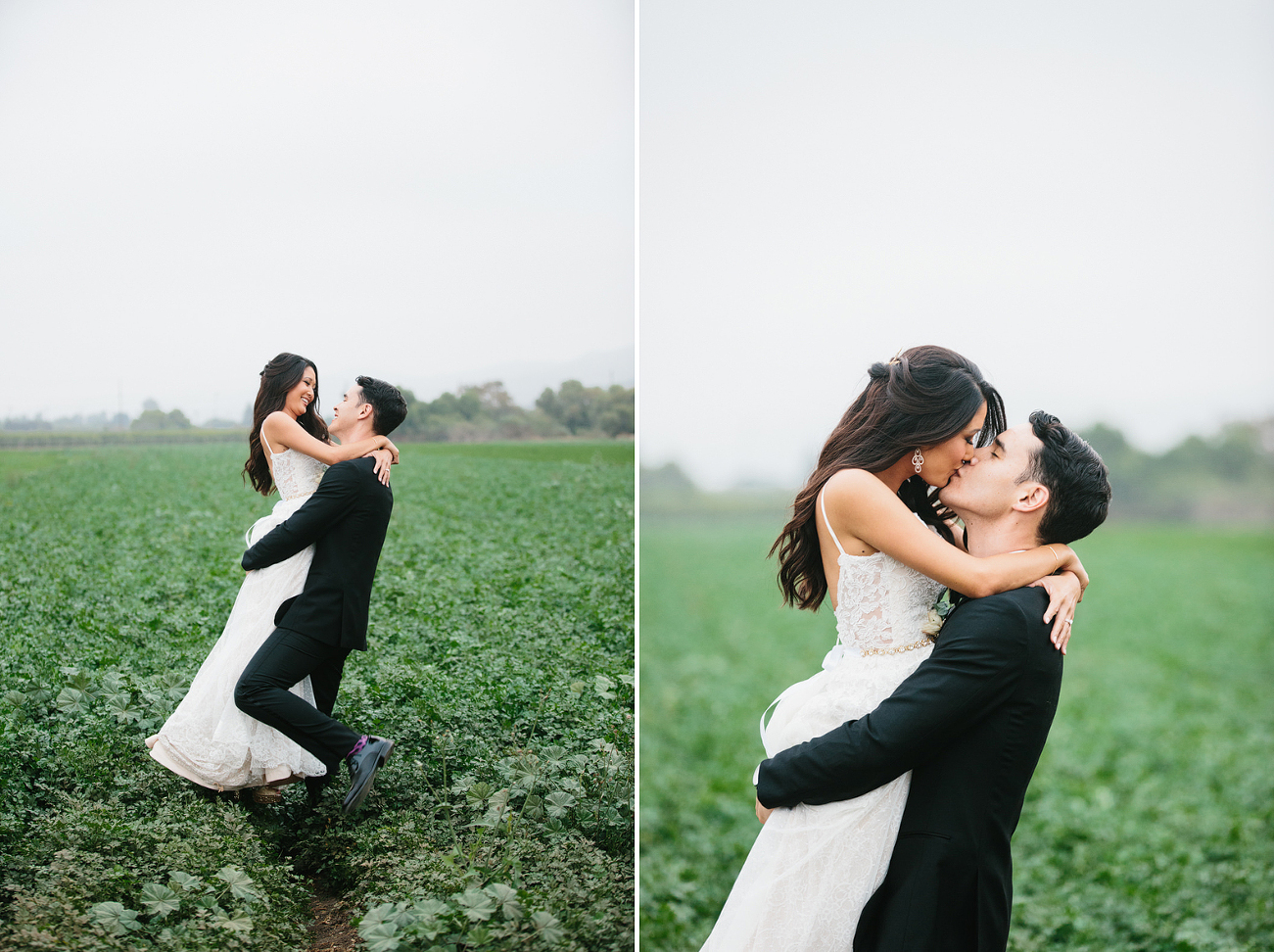 Ryan lifting up dana in a field of cilantro on their wedding day