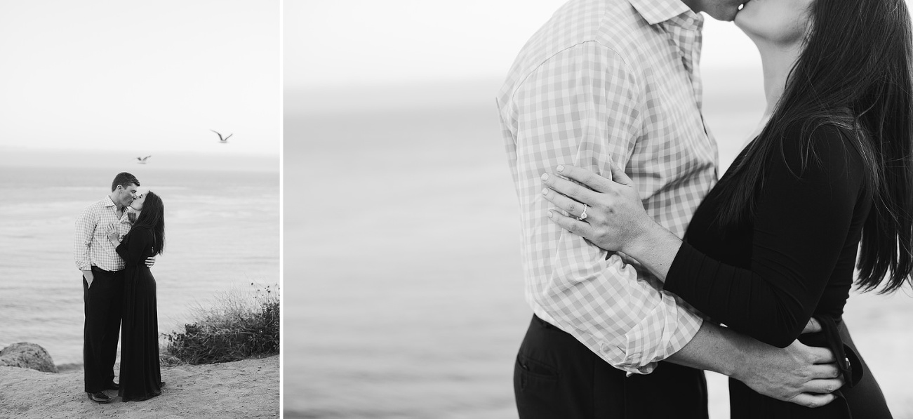 two photos in black and white. Couple embracing on the cliffside