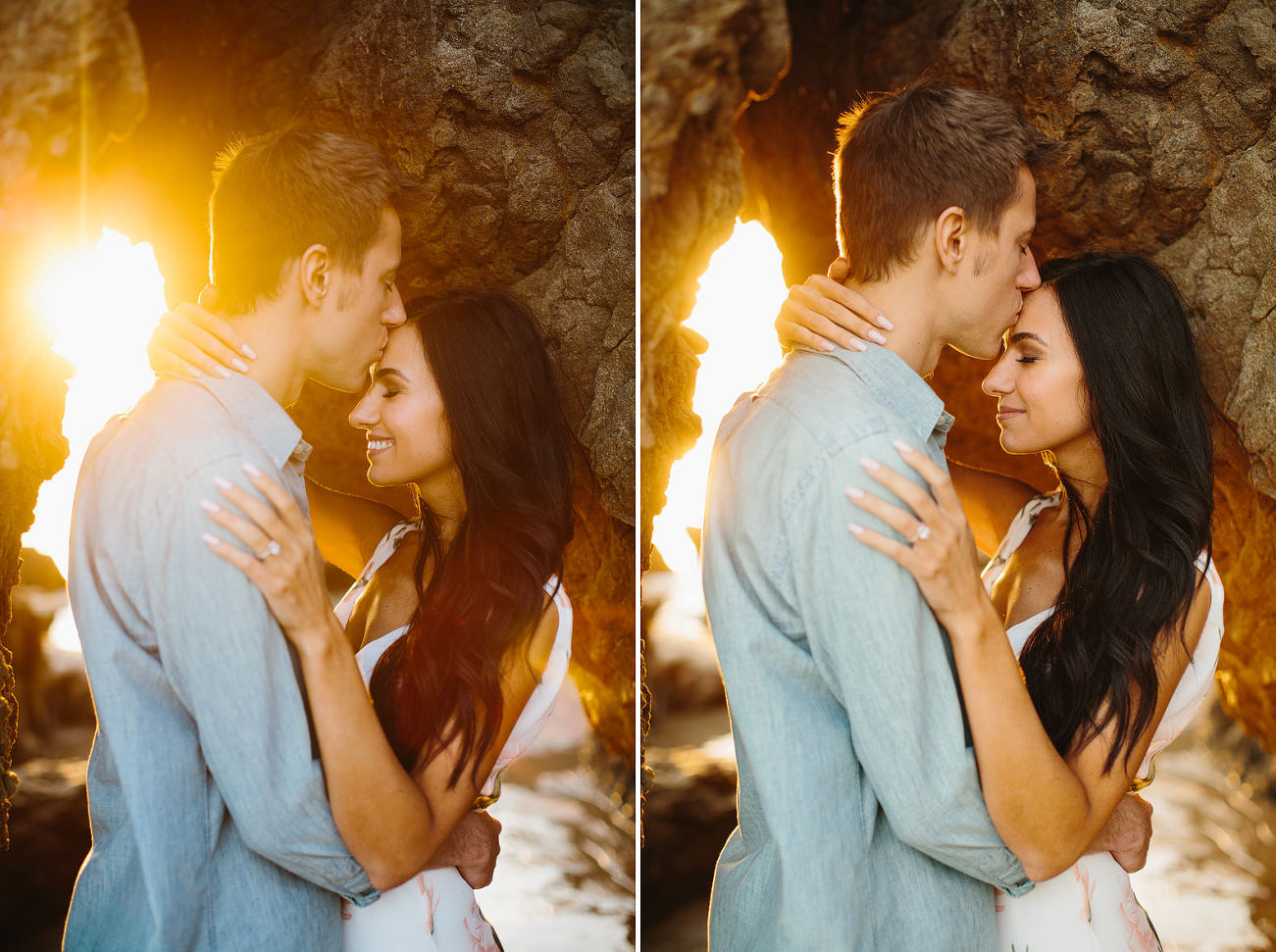 two photos of couple close and holding eachother engagement pose