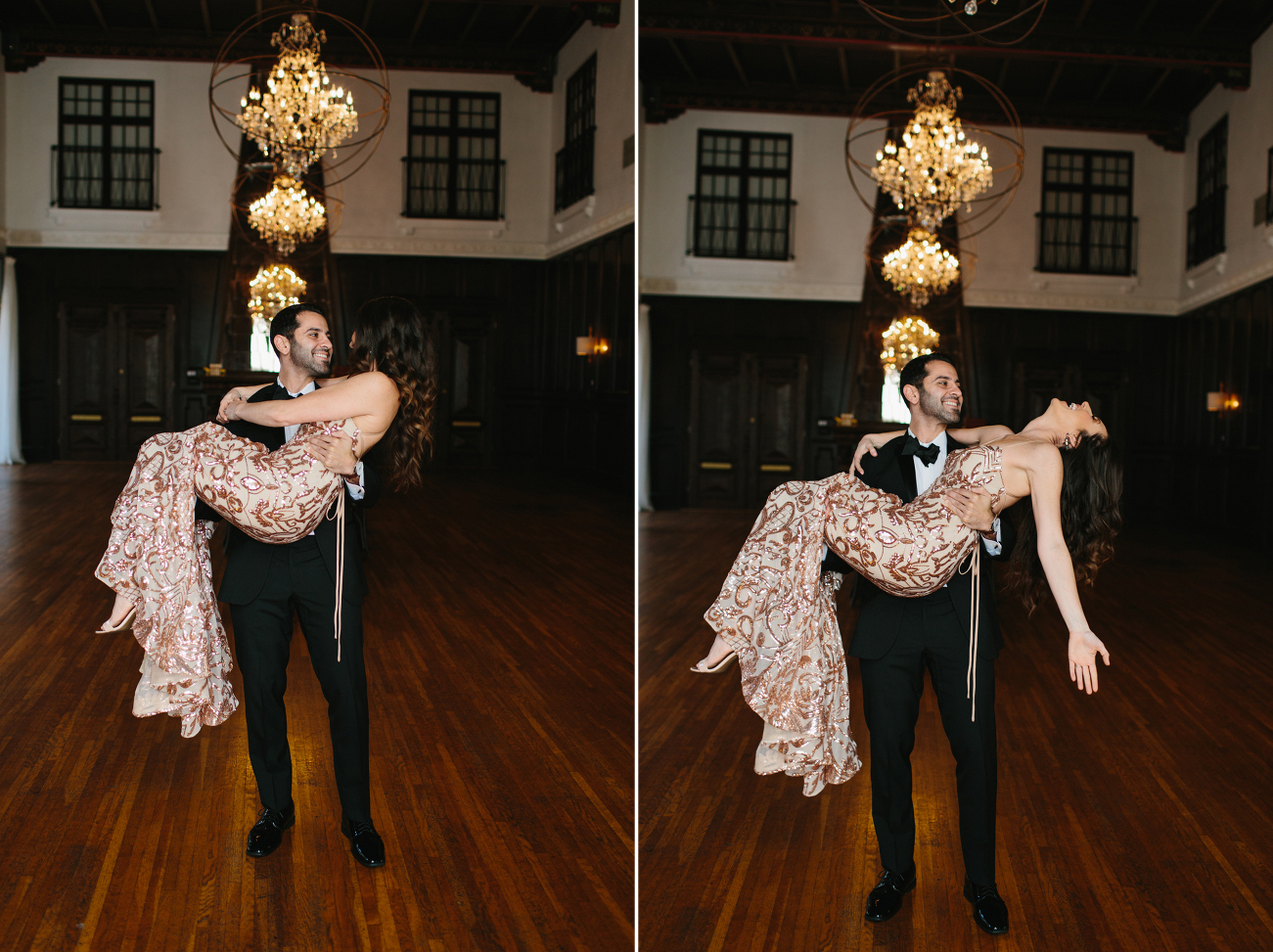 groom picking up his bride to be at engagement photo session